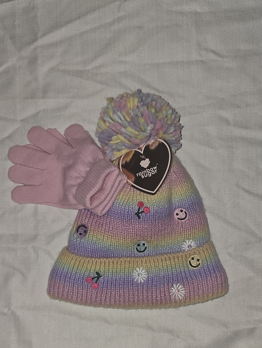 rainbow sugar Lined Beanie w/Pom-Gloves Set Pink/Pastels, Patches Detail New